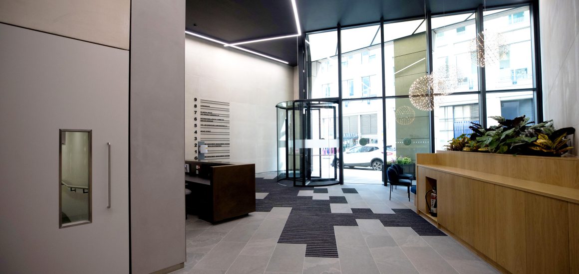 Entrance matting used as a reception design feature at 100 Wood Street
